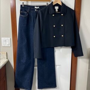 H&M Black Double-Breasted Cropped Pea Coat with Gold Buttons